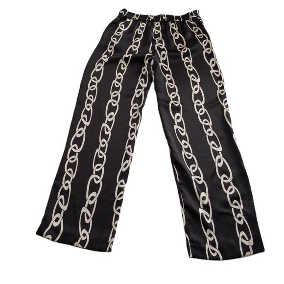 Mango Chic Silky Black & White Chain Print Elastic Waist Pants Women’s SZ M NWT - Picture 2 of 14